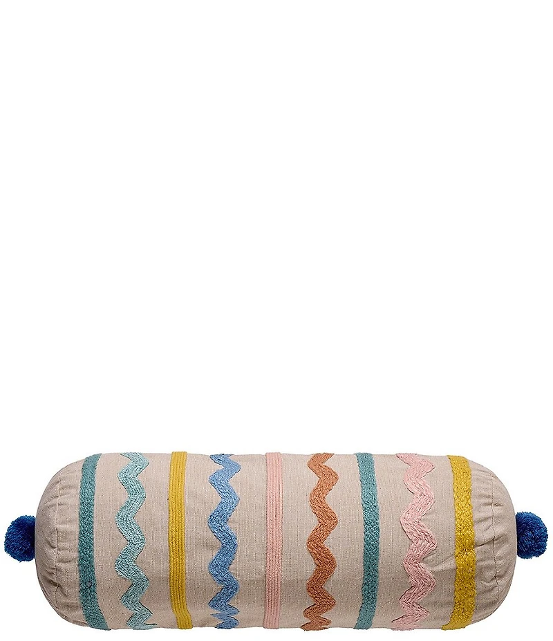 Peking Handicraft Zig-Zag Embroidered Pom Bolster Pillow