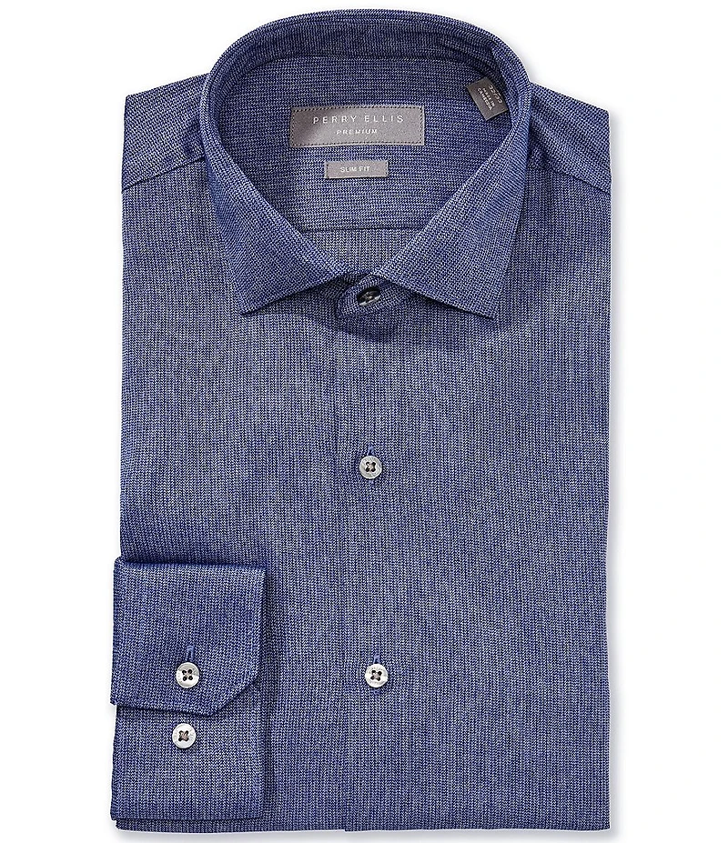 Perry Ellis Slim Fit Spread Collar Melange Corduroy Long Sleeve Dress Shirt