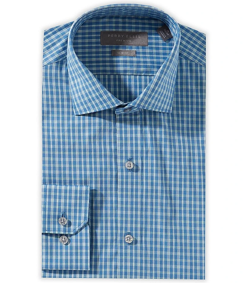 Perry Ellis Slim Fit Spread Collar Plaid Dress Shirt