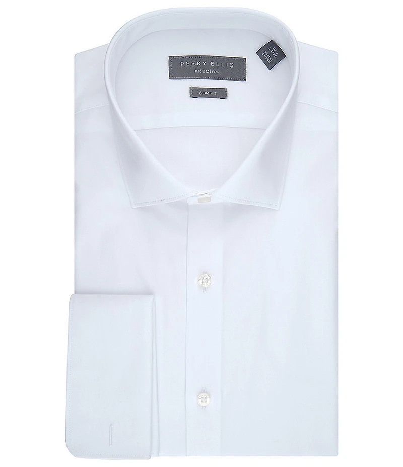 Perry Ellis Slim Fit Stretch Spread Collar French Cuff Chateau Herringbone Dress Shirt