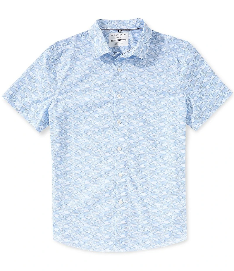 Perry Ellis Slim Fit Wave Print Short Sleeve Woven Shirt
