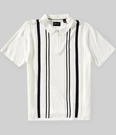 Perry Ellis Stripe Quarter-Zip Short Sleeve Polo Sweater