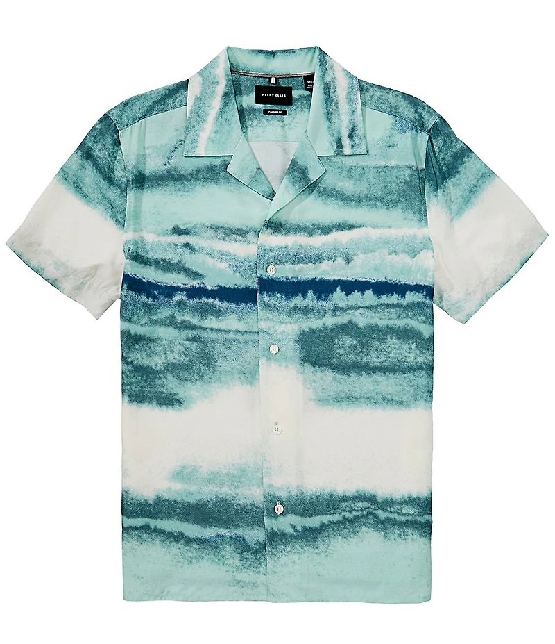 Perry Ellis Wave Print Short Sleeve Woven Camp Shirt