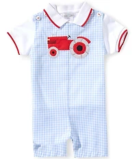 Petit Ami Baby Boys Sleeveless Checked Tractor-Appliqued Shortall & Short-Sleeve Polo Shirt Set
