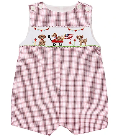 Petit Ami Baby Boys Sleeveless Gingham Smocked Patriotic Dog Parade Jon Jon Shortall