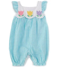 Petit Ami Baby Girls Square Neck Flutter Sleeve Tulip Applique Bubble Romper