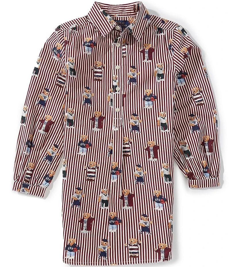 Polo Ralph Lauren Big Girls Long-Sleeve Polo Bear/Striped Poplin Shirtdress