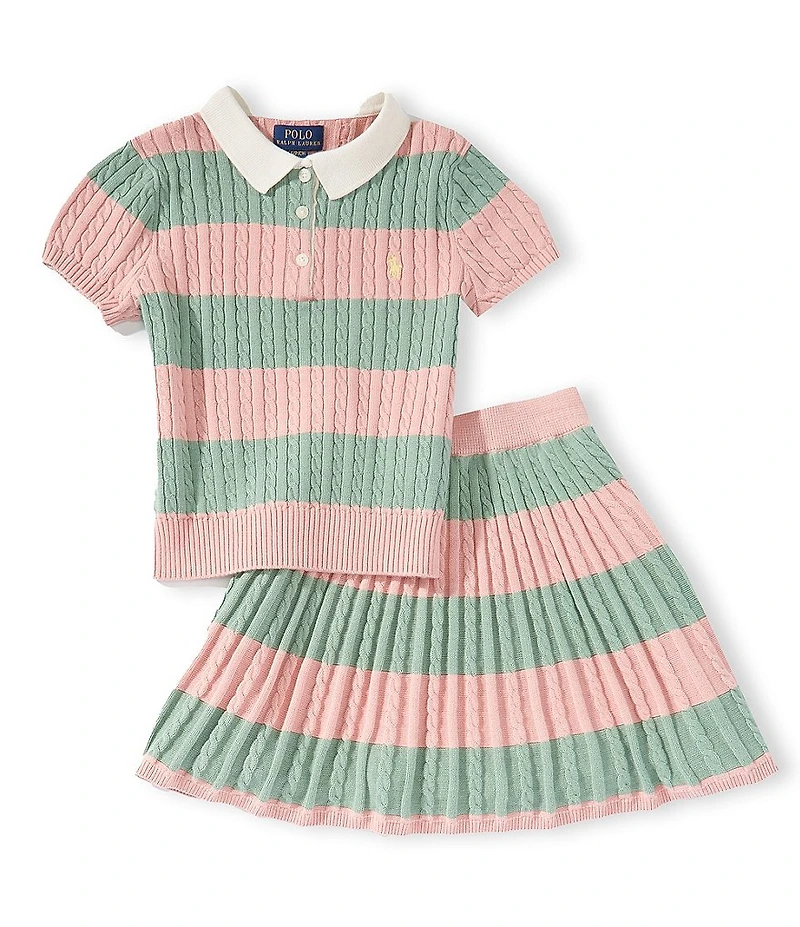 Polo Ralph Lauren Big Girls Puffed-Sleeve Striped Cable Pattern Knit Sweater & Matching Skirt Set