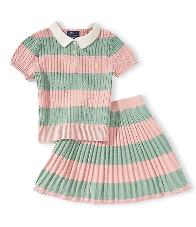 Polo Ralph Lauren Big Girls Puffed-Sleeve Striped Cable Pattern Knit Sweater & Matching Skirt Set