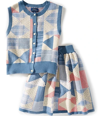 Polo Ralph Lauren Big Girls Sleeveless Patchwork Cardigan & Matching Skirt Set