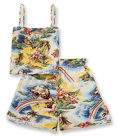 Polo Ralph Lauren Big Girls Tropical-Print Smocked Boxy Top & Shorts Set