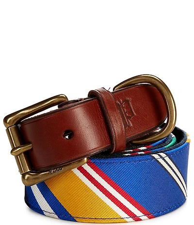Polo Ralph Lauren Leather-Trim Striped Jacquard Belt
