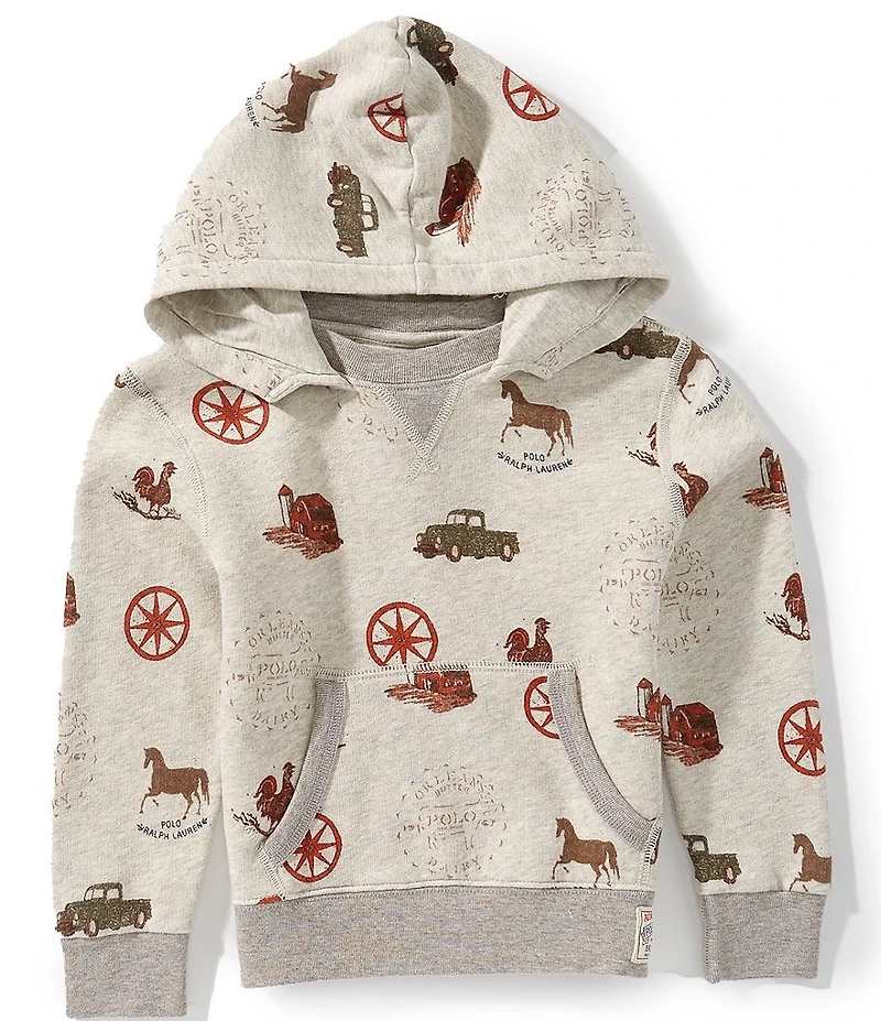 Polo Ralph Lauren Little Boys Long Sleeve Allover Farm Print Fleece Hoodie Sweatshirt