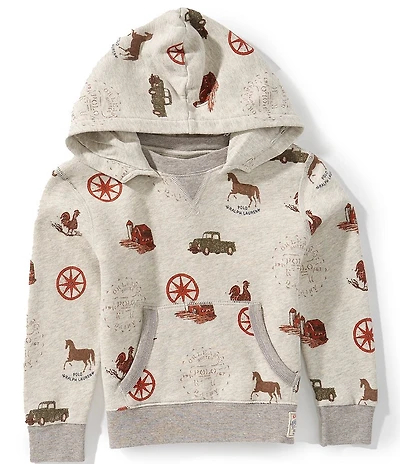 Polo Ralph Lauren Little Boys Long Sleeve Allover Farm Print Fleece Hoodie Sweatshirt