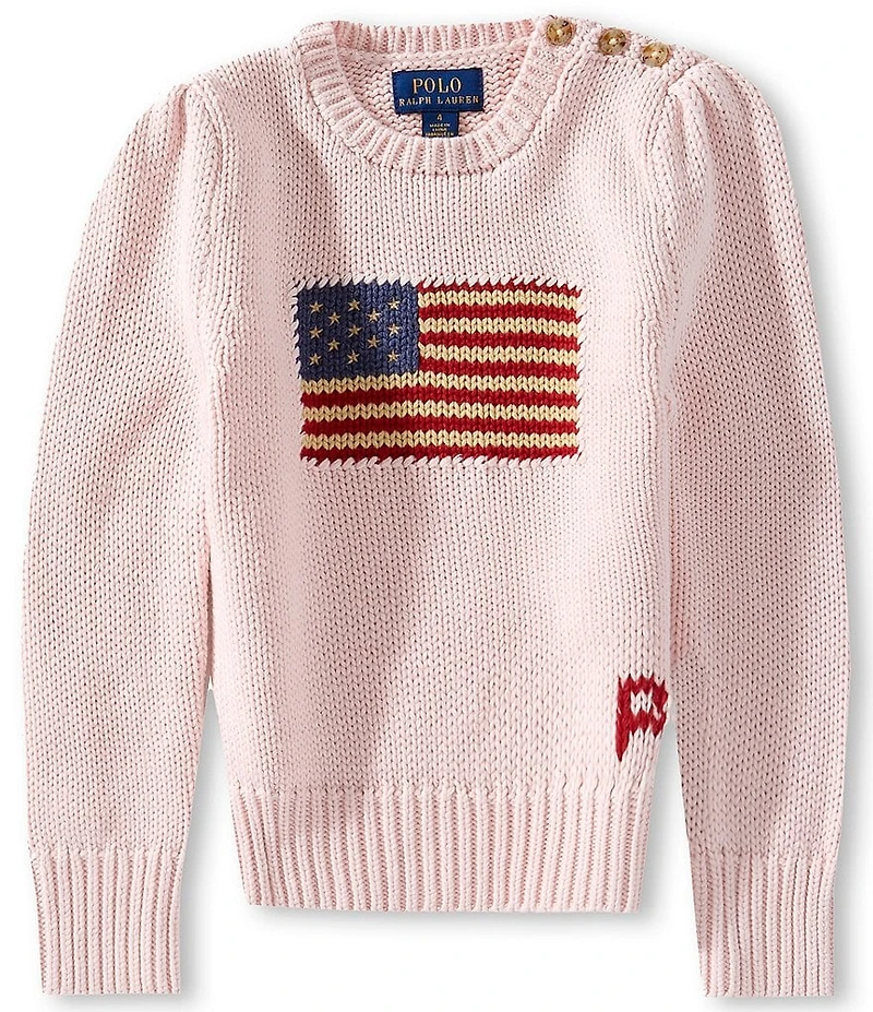 Polo Ralph Lauren Little Girls Puffed Sleeve Intarsia-Knit American Flag Sweater