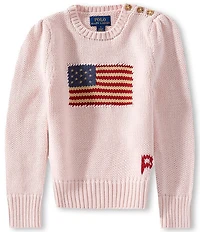 Polo Ralph Lauren Little Girls Puffed Sleeve Intarsia-Knit American Flag Sweater