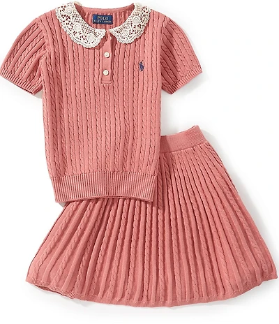 Polo Ralph Lauren Little Girls Puffed-Sleeve Mini-Cable Cotton Polo Shirt & Skirt Set