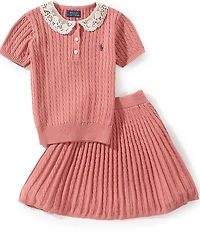 Polo Ralph Lauren Little Girls Puffed-Sleeve Mini-Cable Cotton Polo Shirt & Skirt Set