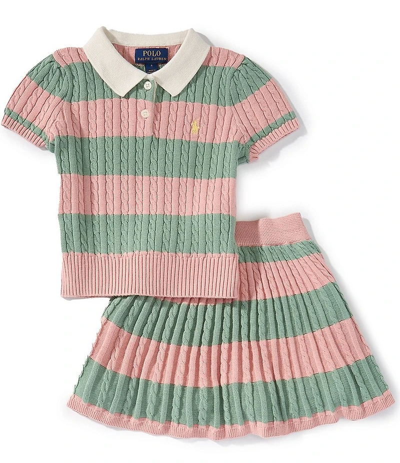Polo Ralph Lauren Little Girls Puffed-Sleeve Striped Cable Pattern Knit Sweater & Matching Skirt Set