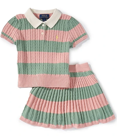 Polo Ralph Lauren Little Girls Puffed-Sleeve Striped Cable Pattern Knit Sweater & Matching Skirt Set