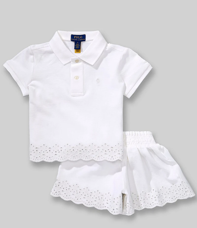 Polo Ralph Lauren Little Girls Short Sleeve Eyelet Stretch Mesh Polo Shirt & Shorts Set