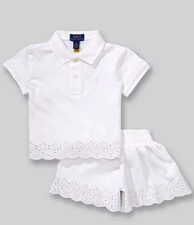 Polo Ralph Lauren Little Girls Short Sleeve Eyelet Stretch Mesh Polo Shirt & Shorts Set