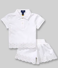 Polo Ralph Lauren Little Girls Short Sleeve Eyelet Stretch Mesh Polo Shirt & Shorts Set