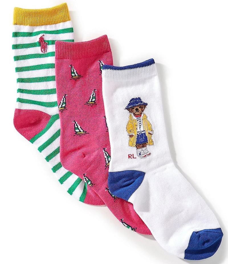 Polo Ralph Lauren Little/Big Girls Sailboat Bear 3-Pack Socks