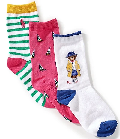 Polo Ralph Lauren Little/Big Girls Sailboat Bear 3-Pack Socks