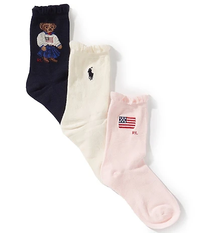 Polo Ralph Lauren Little/Big Girls Quarter Length Americana Bear 3-Pack Socks