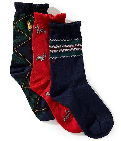 Polo Ralph Lauren Little/Big Girls Quarter Length Tossed Scottie 3-Pack Socks