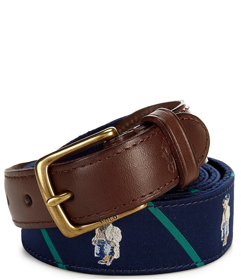 Polo Ralph Lauren Polo Bear Leather-Trim Striped Belt