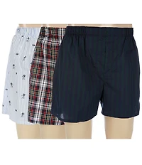 Polo Ralph Lauren Vertical Stripe/Plaid/Stripe & Football Woven Boxer Briefs 3-Pack