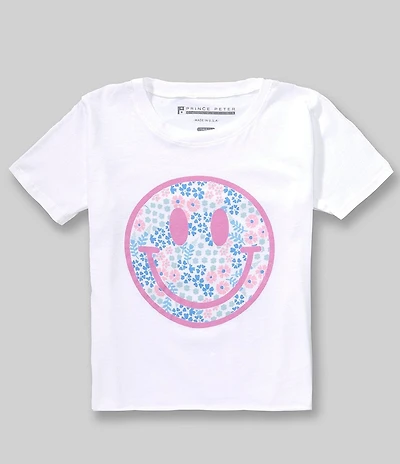 Prince Peter Big Girls Short Sleeve Raw Edge Ditsy Smiley Print Tee