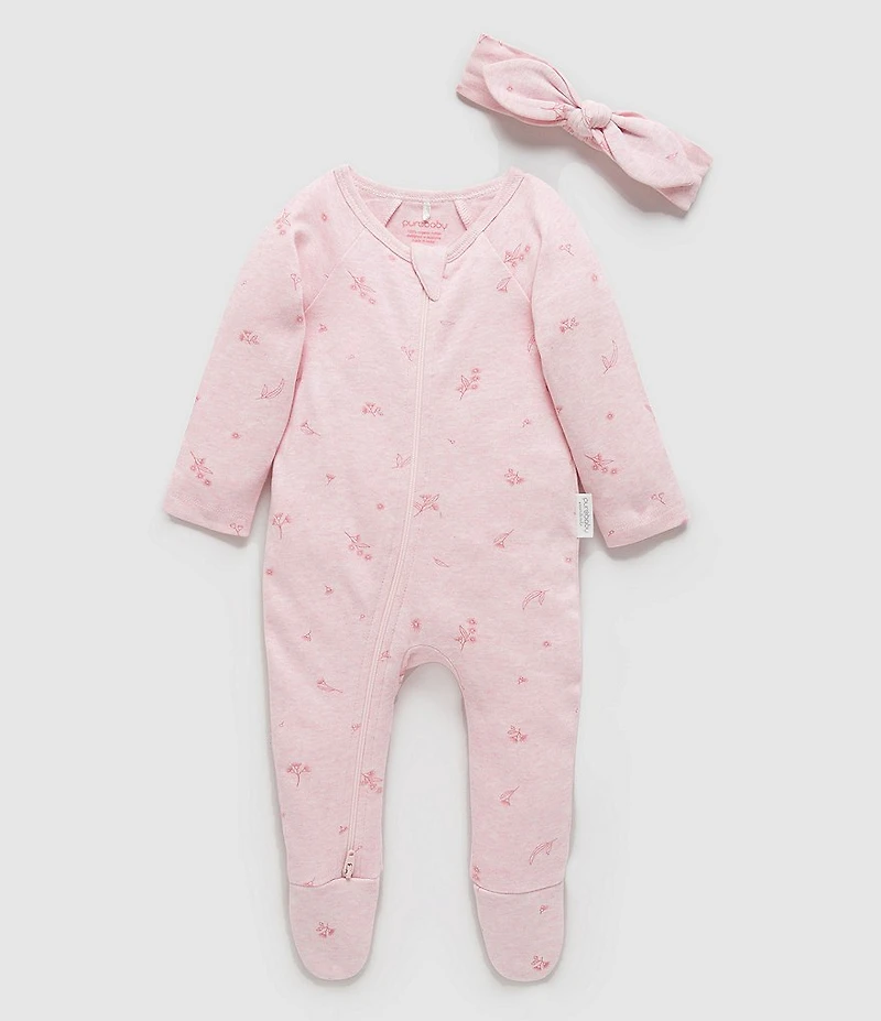 Purebaby Baby Girls Organic Cotton Zip Footie & Headband Set