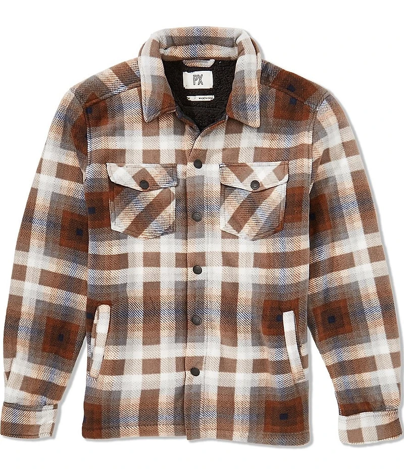 PX Clothing Plaid Long Sleeve Faux Sherpa Polar Fleece Shirt Jacket