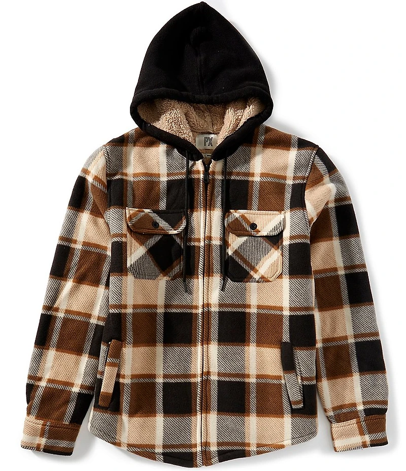 PX Clothing Plaid Long Sleeve Sherpa Polar Fleece Hooded Shirt Jacket