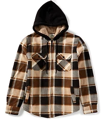 PX Clothing Plaid Long Sleeve Sherpa Polar Fleece Hooded Shirt Jacket