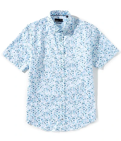 Quieti Multi Color Floral Print Stretch Short Sleeve Woven Shirt
