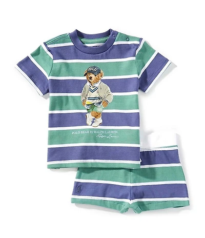 Ralph Lauren Baby Boys Shorts-Sleeve Striped Polo Bear Jersey Tee & Matching Shorts Set