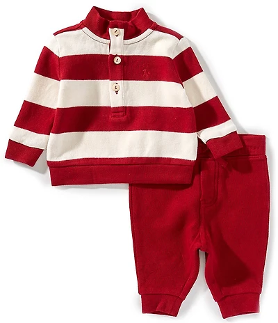 Ralph Lauren Baby Boys Long-Sleeve Striped Estate-Rib Pullover & Solid Jogger Pants Set