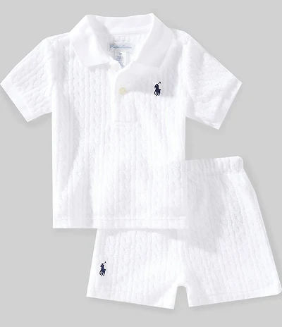 Ralph Lauren Baby Boys Short Sleeve Cable Knit Polo Shirt & Pull-On Shorts Set