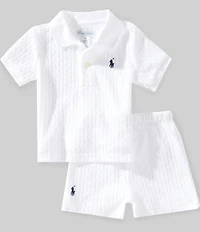Ralph Lauren Baby Boys Short Sleeve Cable Knit Polo Shirt & Pull-On Shorts Set