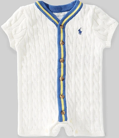 Ralph Lauren Baby Boys Short Sleeve Cotton Stripe V-Neck Short Sleeve Sweater Knit Cricket Shortall