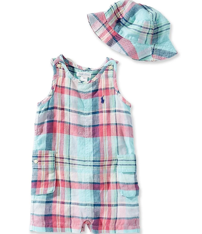 Ralph Lauren Baby Boys Short Sleeve Linen Plaid Shortall & Bucket Hat 2-Piece Set