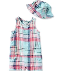 Ralph Lauren Baby Boys Short Sleeve Linen Plaid Shortall & Bucket Hat 2-Piece Set