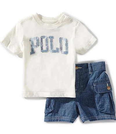 Ralph Lauren Baby Boys Short Sleeve Logo Cotton T-Shirt & Chambray Cargo Shorts Set