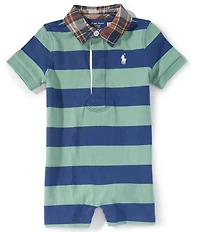 Ralph Lauren Baby Boys Short-Sleeve Madras-Collar Striped Jersey Shortall