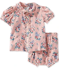 Ralph Lauren Baby Girls Cotton Floral Print Ruffle Collar Puff Short Sleeve Shirt & Bloomers Set
