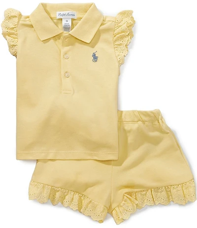 Ralph Lauren Baby Girls Flutter-Sleeve Eyelet Stretch Mesh Polo Shirt & Shorts Set
